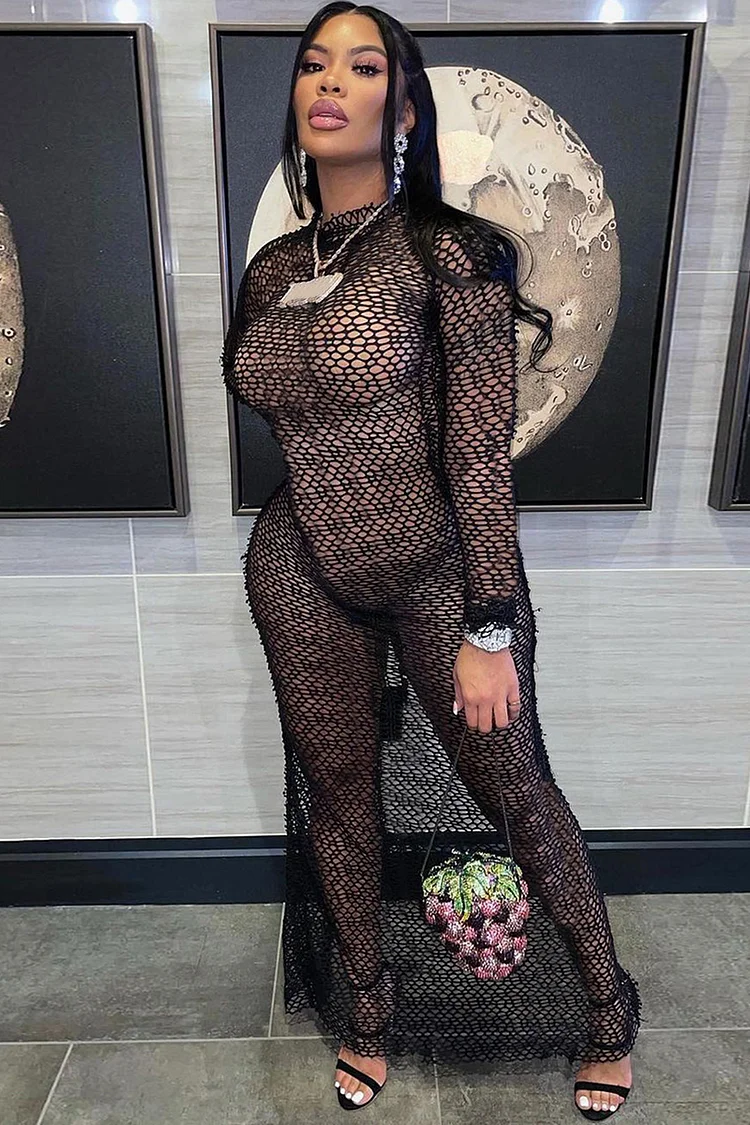Hollow Out Long Sleeve Round Neck See-Through Fishnet Maxi Dresses-Black
