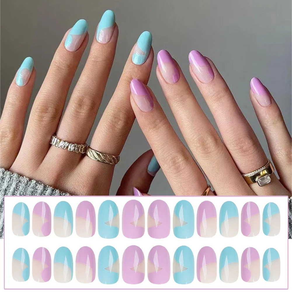 24pcs Point Head False Nails Tips Press On Nail with Heart Print Design Girl DIY Nail Patch Removable French Style Fake Nails-Nail Inspo