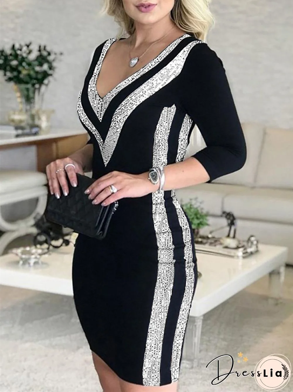 Fashion Mid-sleeve Sexy V-neck Striped Long Sleeve Party Dress