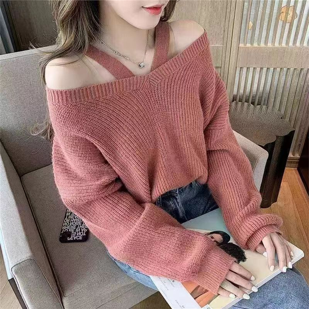 Iplaynox New Korean Style Women's Pullover Loose Design for Autumn Winter Tops Hanging Neck and Off Shoulder Knitted Ladies Sweater Tops