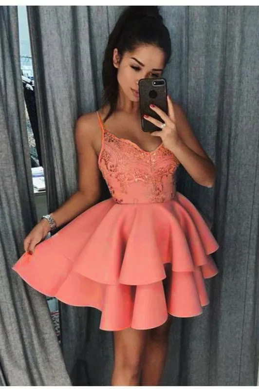 Spaghetti-Strap Lace Appliques Short Homecoming Dress Layers - lulusllly