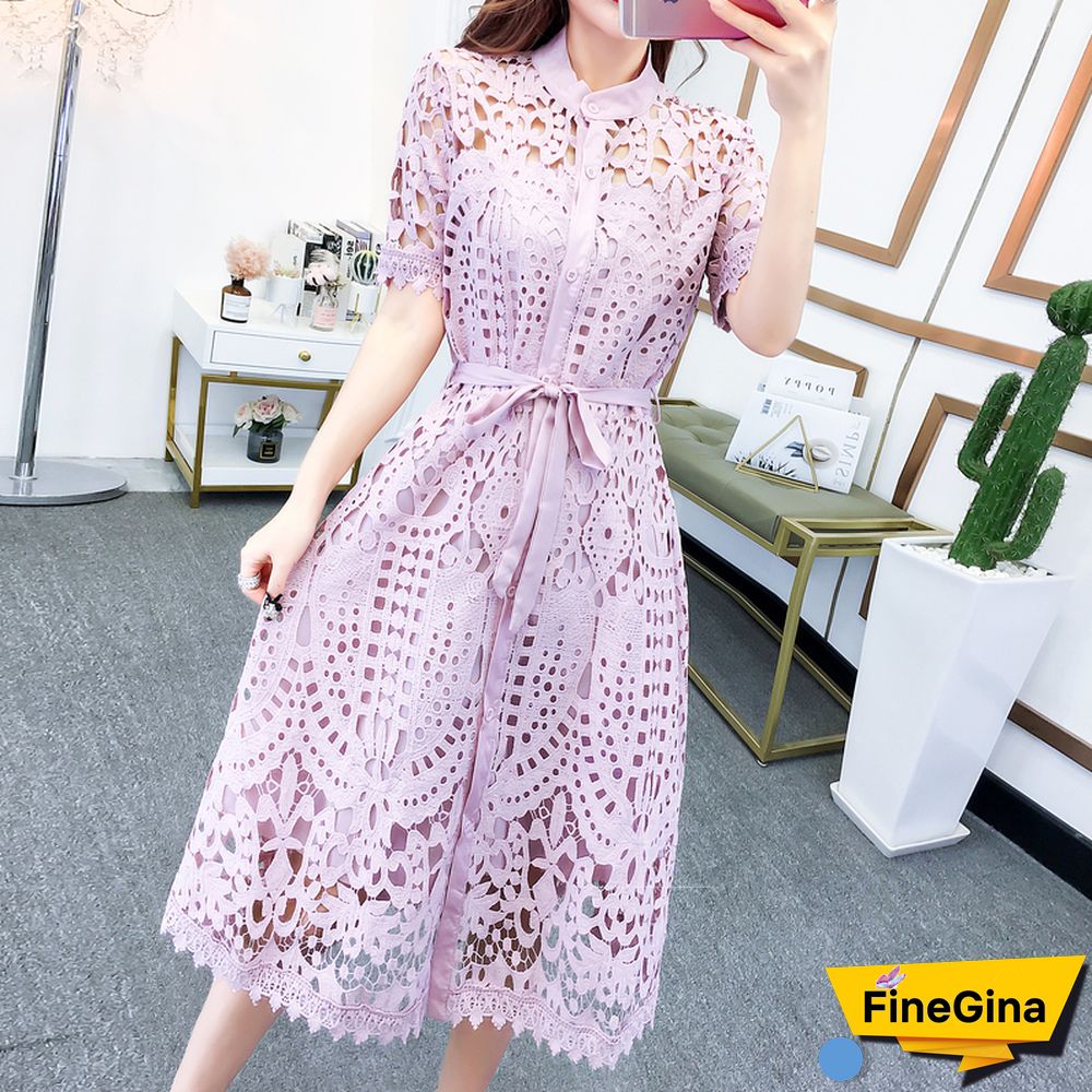 SMTHMA New Spring / Summer Runway Women's Clothings Pleated Stand Collar Short Sleeve Single Breasted Polka Dot Lace Dress