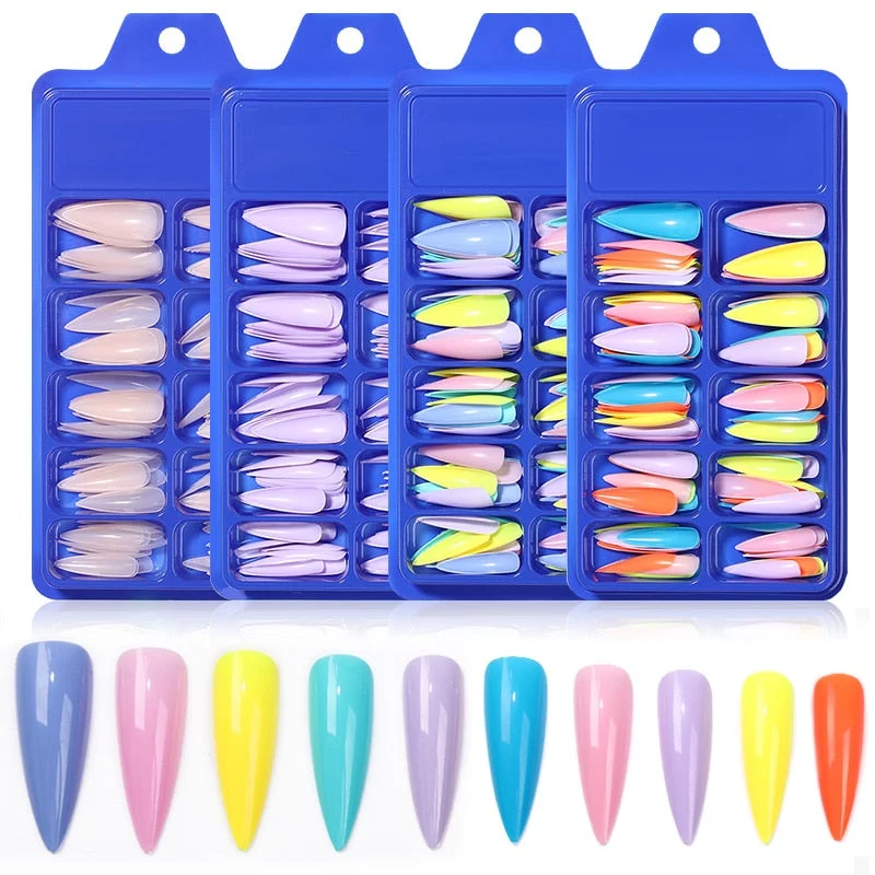 100Pcs Black White False Nail Tips Full Cover Acrylic Almond Coffin Candy Colorful Fake Nails Tip Manicure Extension Nail Tool-Nail Inspo