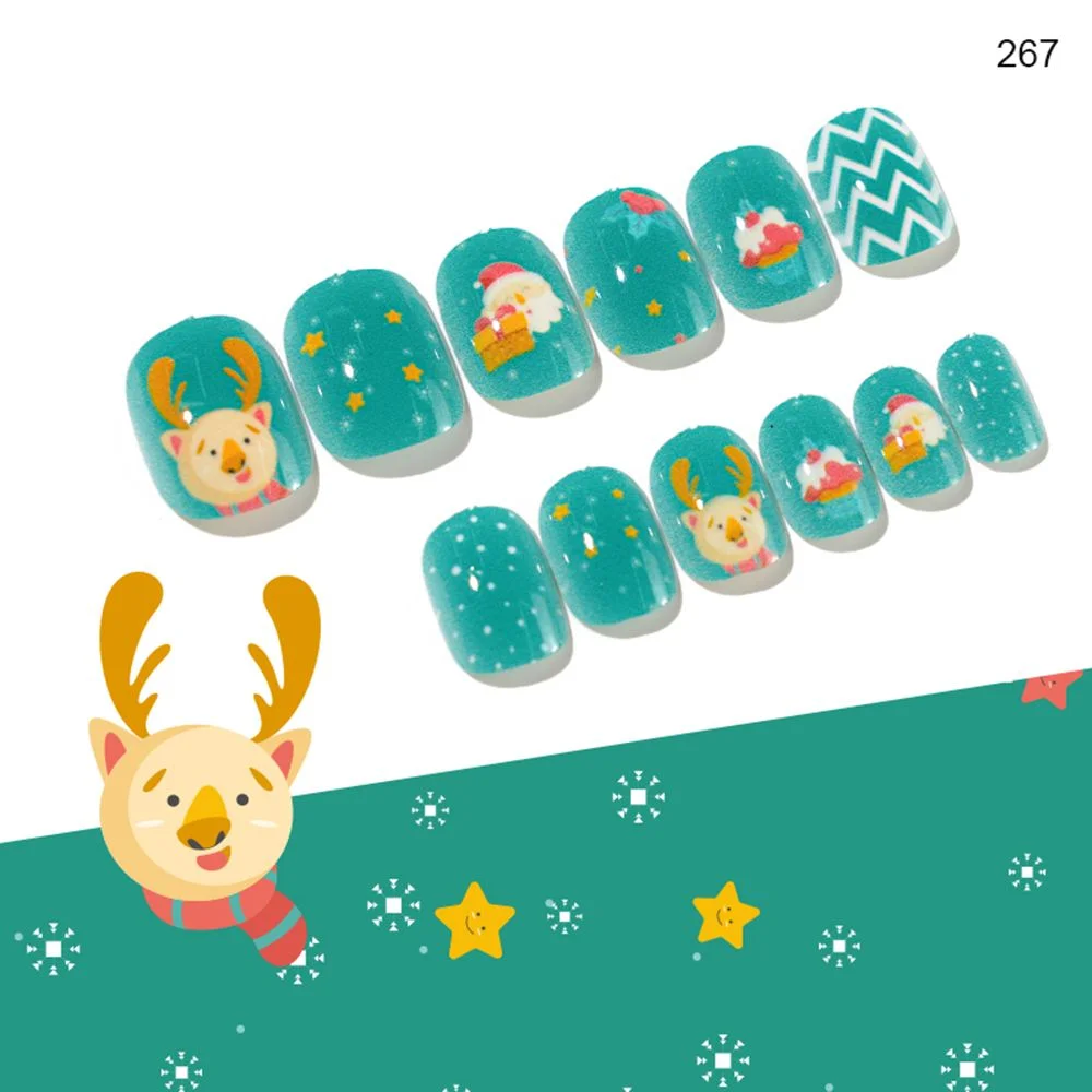 24Pcs False Nails Christmas Children Fake Nails Cute Snow Deer Nail Manicure Tool Press On Artificial Short Xmas False Nails-Nail Inspo