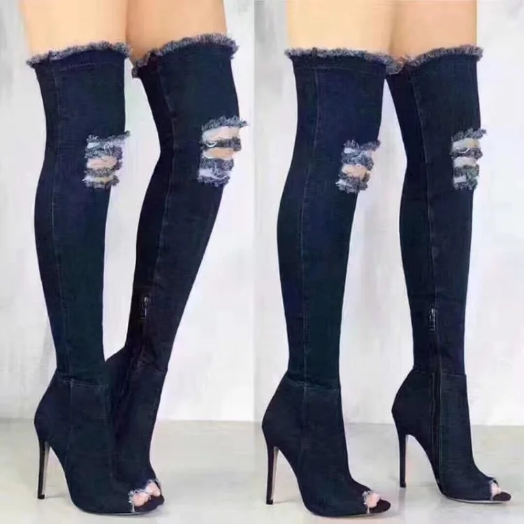 Qjong Toe Over The Knee Zip Denim Motorcycle Boots Shoes Party Plus Size 36-41 Women Sexy Spring Jean High Heels Boots Shoes