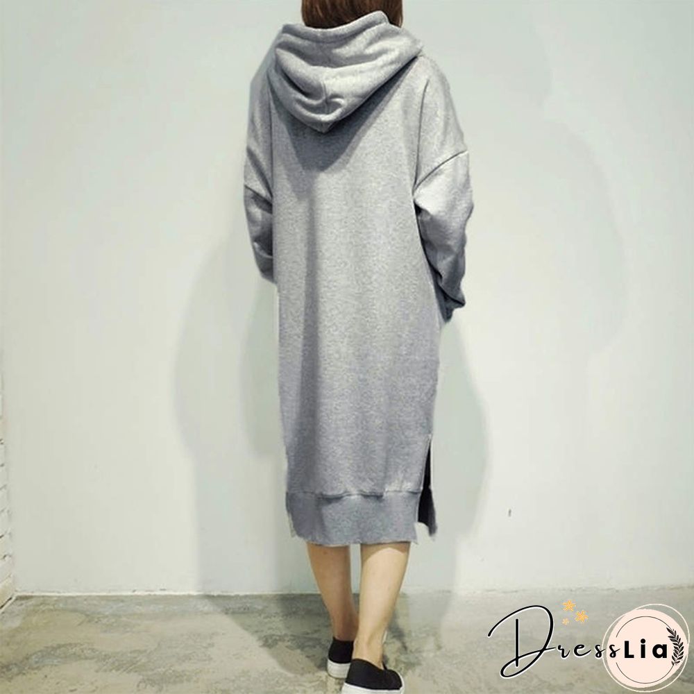 Women Plus Size Spring Autumn Casual Long Pullover Fleece Hooded Sweatshirt Dress L-5Xl