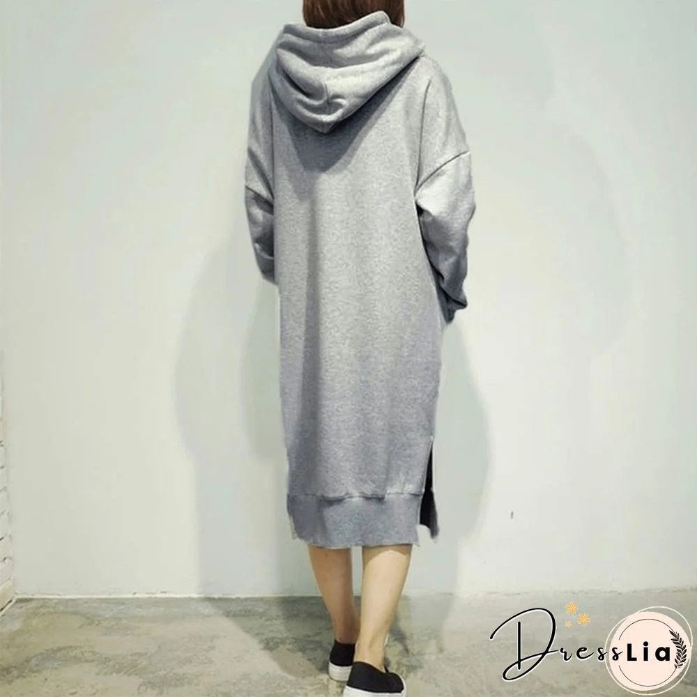 Women Plus Size Spring Autumn Casual Long Pullover Fleece Hooded Sweatshirt Dress L-5Xl