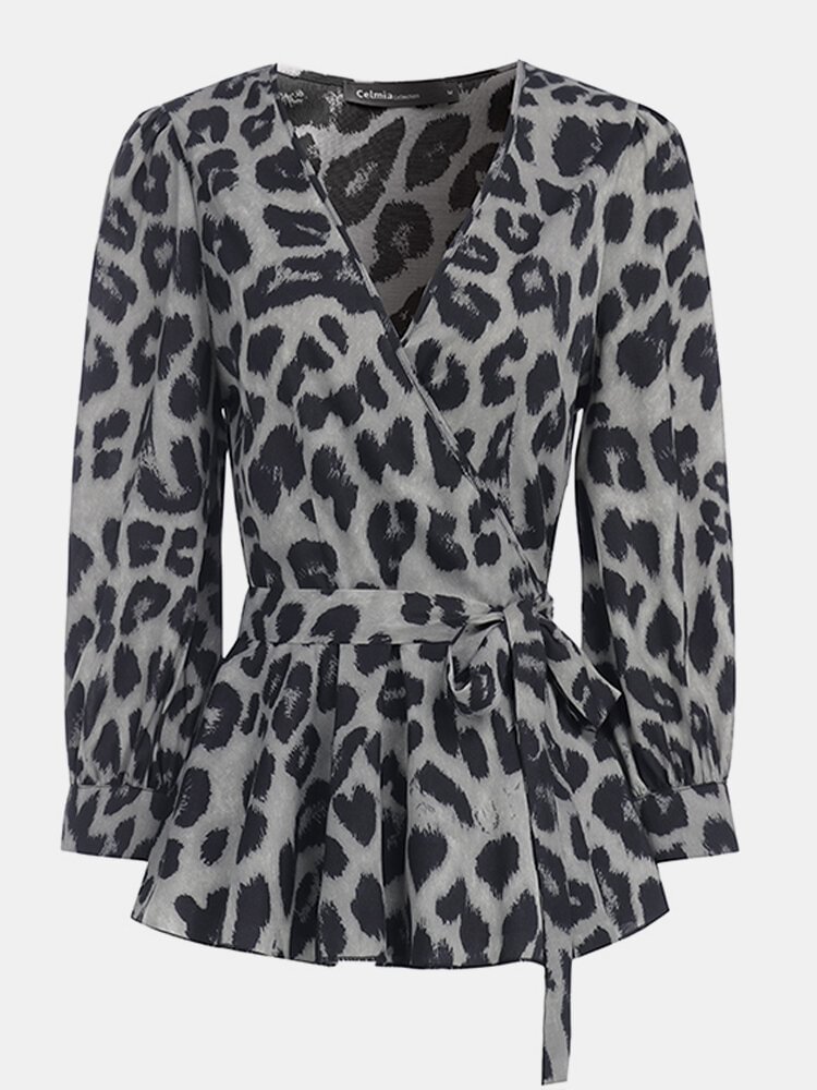V neck Cross strap Short Leopard Shirt For Women P1635017