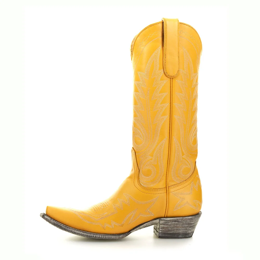 Women's Snip Toe Block Heel Embroidered Mid Calf Yellow Cowgirl Boots