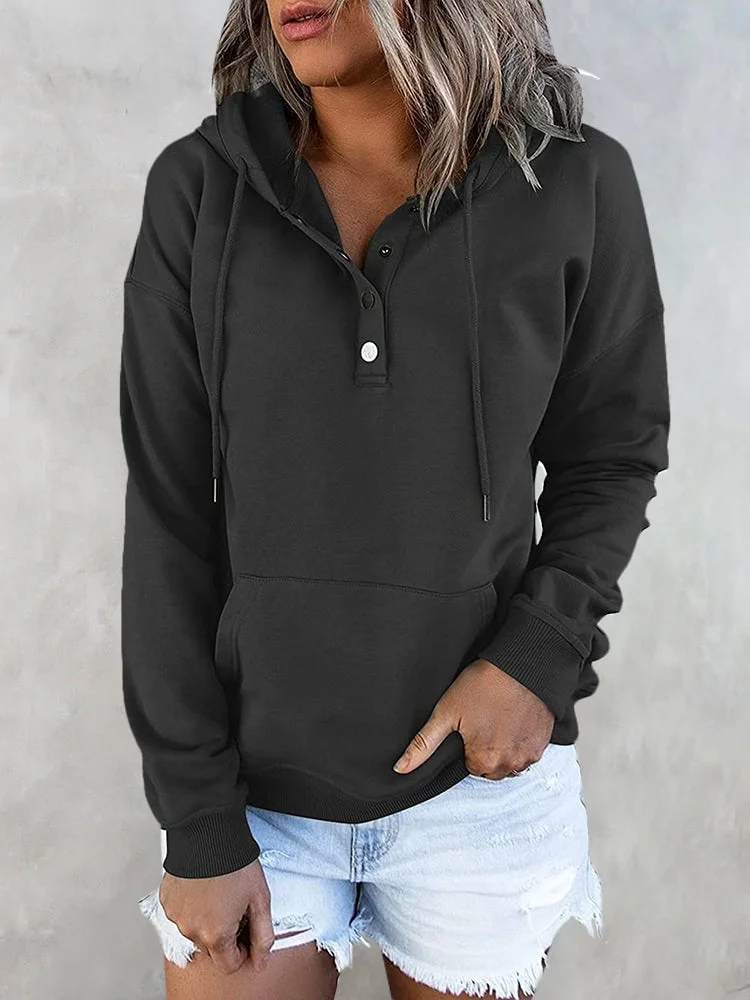 Solid Button Front Hoodie with Pocket