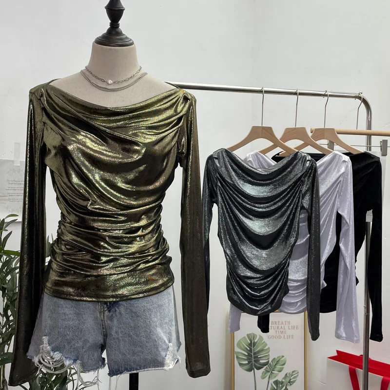 Uveng Real Shooting Stacking Long-Sleeved Pile Folded Shoulder T-Shirt Metal-Sclide T-Shirt 8888