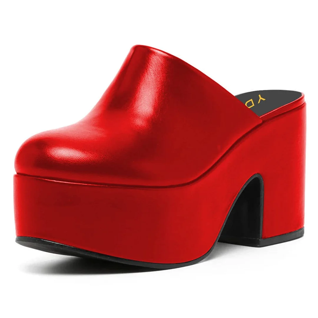 Red Block Heel Slip-On Round Toe Platform Mules for Women