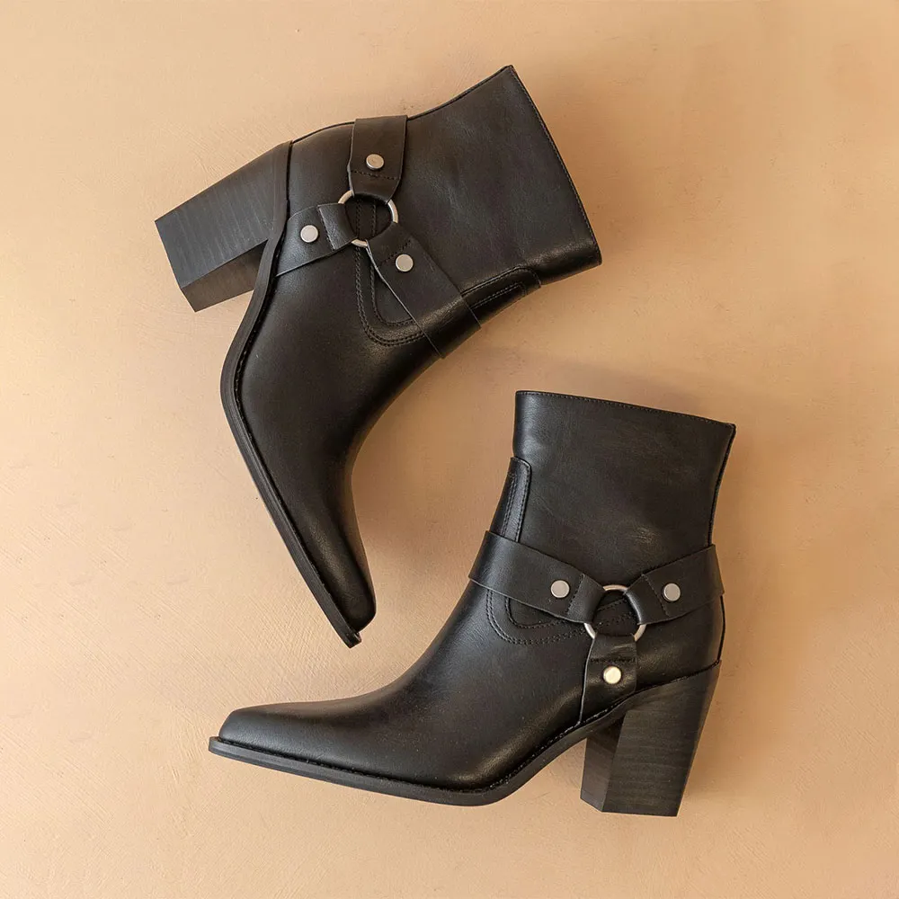 Studded Block High Heel Ring Black Pointed Toe Ankle Boots for Women