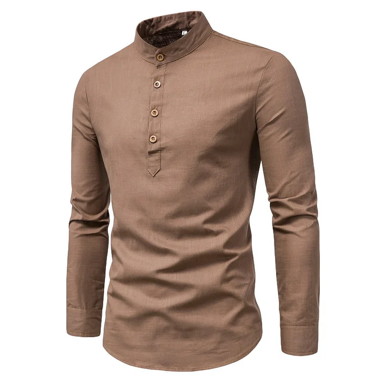 BrosWear Men's Solid Color Stand Up Collar Casual Half Open Button Long Sleeve  Shirt