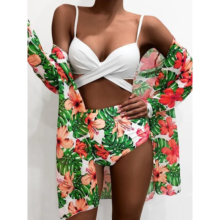Sling Turtle Leaf Flower Printed Bikini Swimsuit Three-piece Set