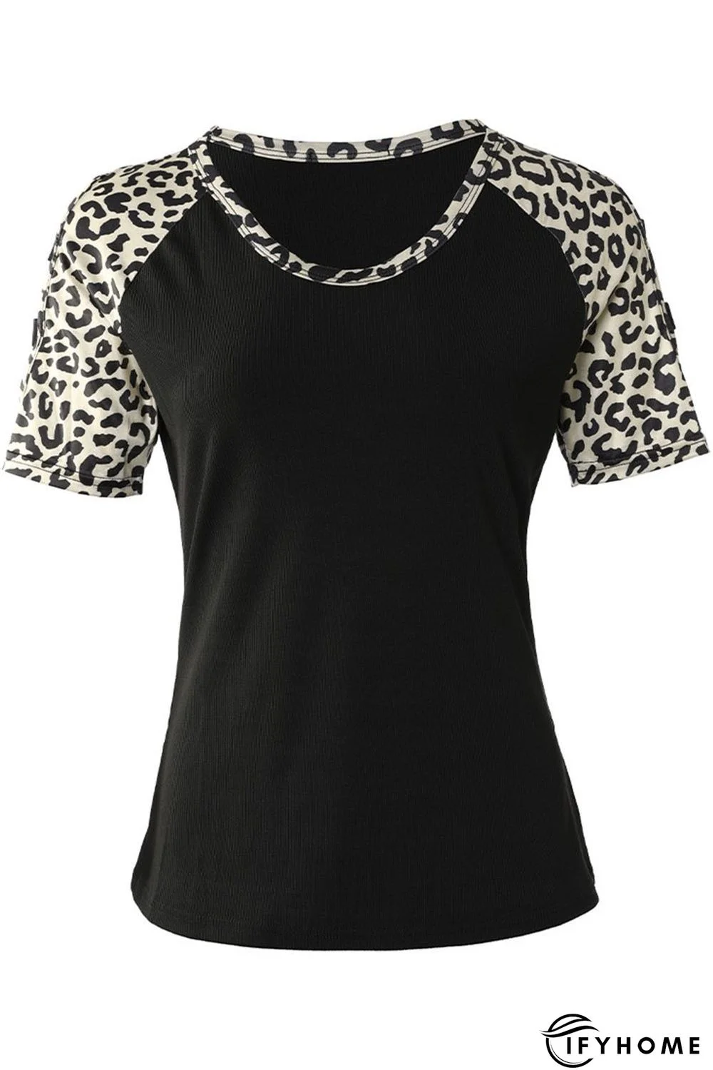 Black Leopard Color Block Cut Out Short Sleeve Top | IFYHOME