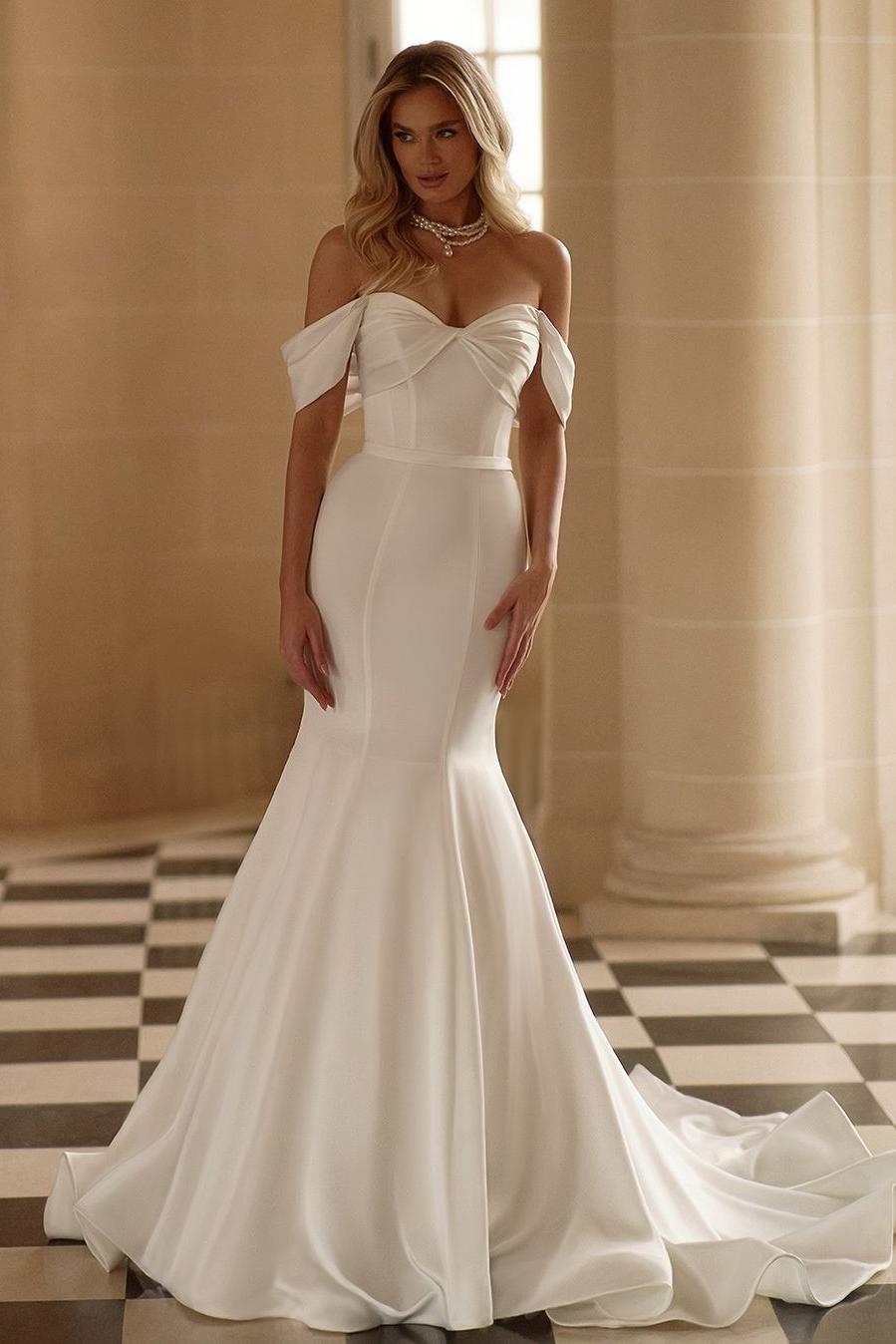Charming White Satin Strapless Off the Shoulder Sweetheart Mermaid Wedding Dress with Ruffles | MS0230  