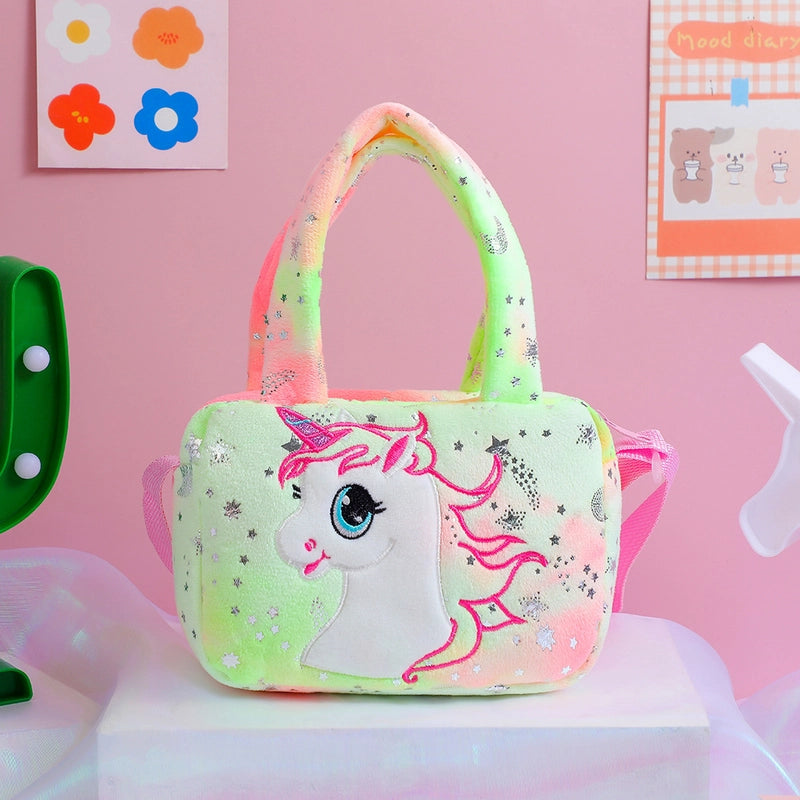 Girl’s Medium Plush Cartoon Cute Sequins Embroidery Round Heart Shape Square Zipper Handbag Crossbody Bag