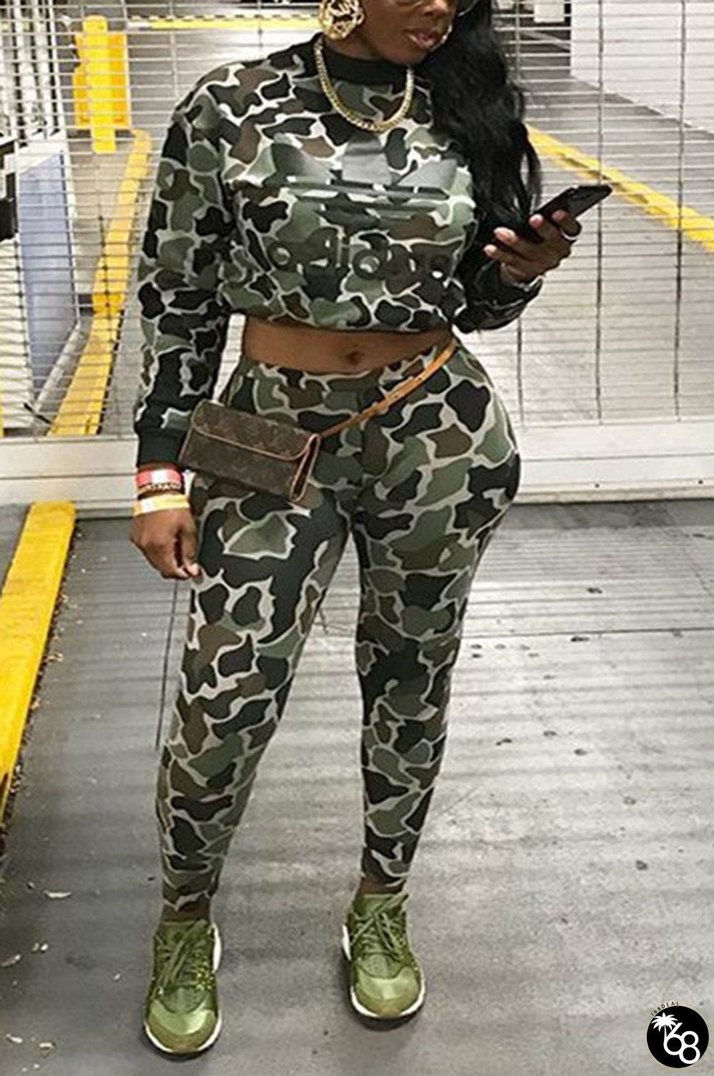 Light Green Fashion Camouflage Casual Two-Piece Set | 168DEAL