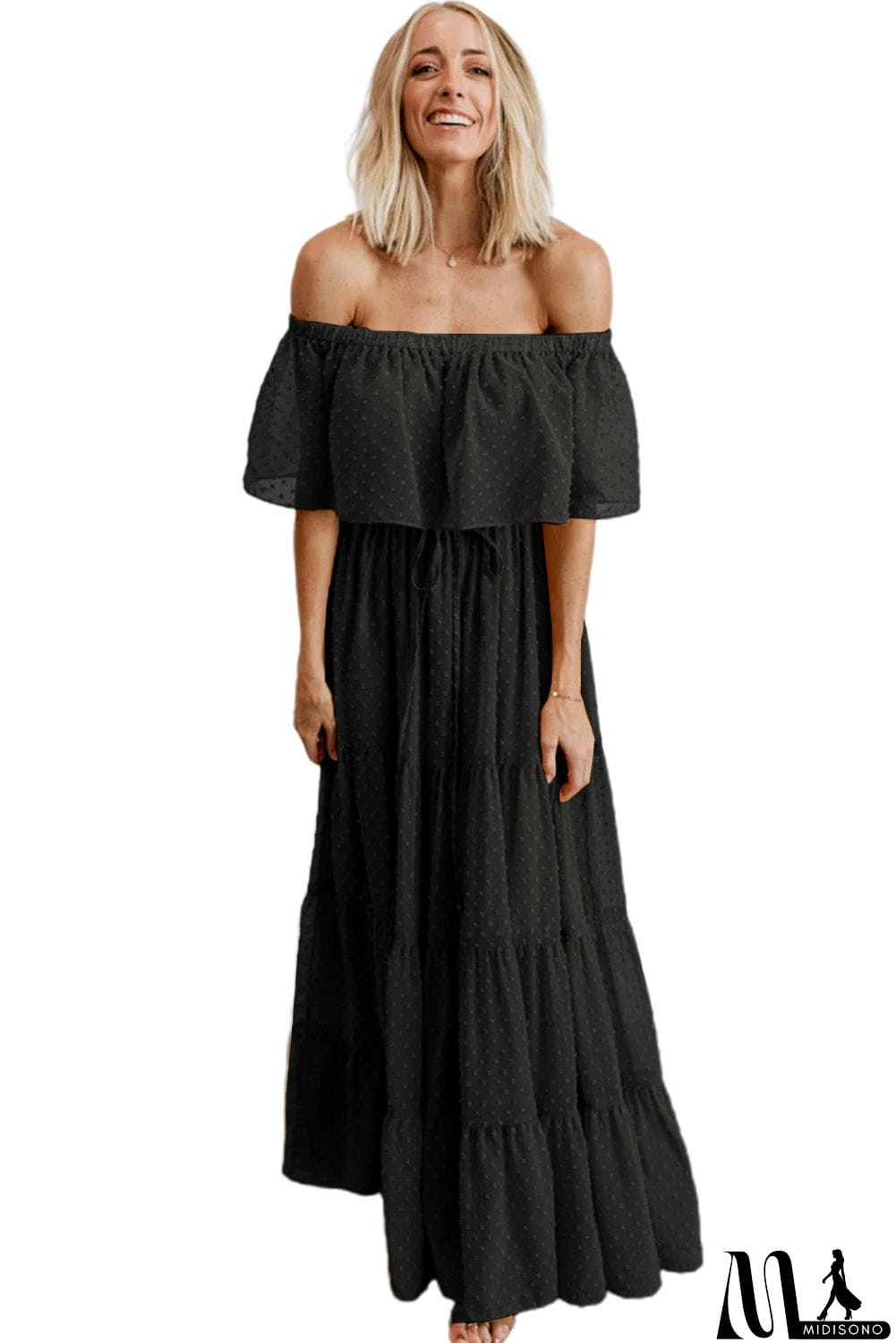 MidiSono - Rust Red Off Shoulder Ruffle Swiss Dot Maxi Dress