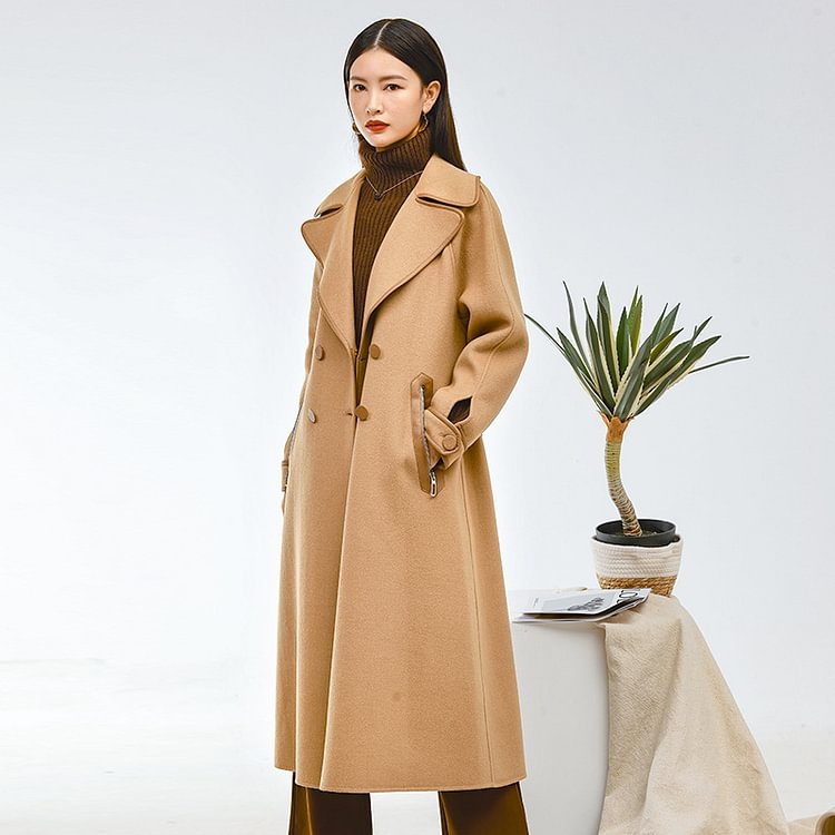 Women Autumn and Winter Slim Lapel Double-faced Cashmere Wool Coat