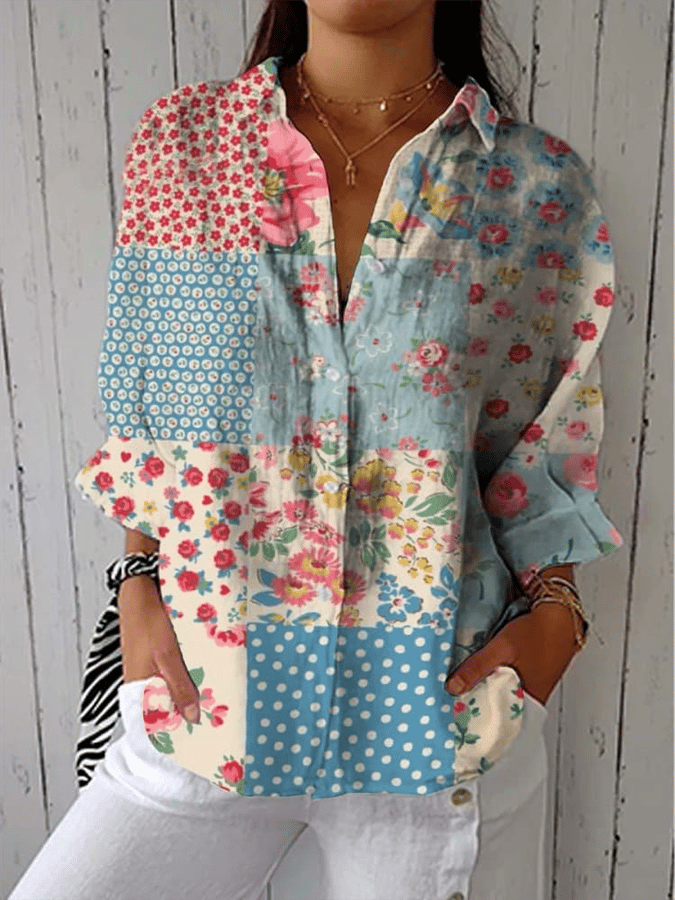 Women's Vintage Botanical Floral Patchwork Art Print Design Lapel Shirt 