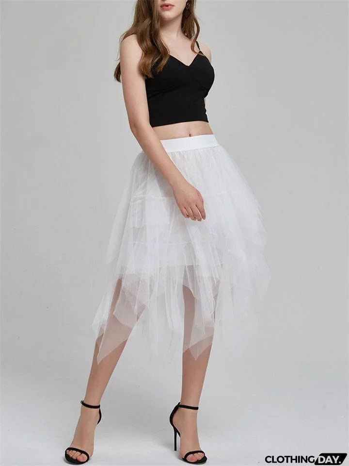 Chic Solid Elastic Waist Irregular Mesh Skirts For Women