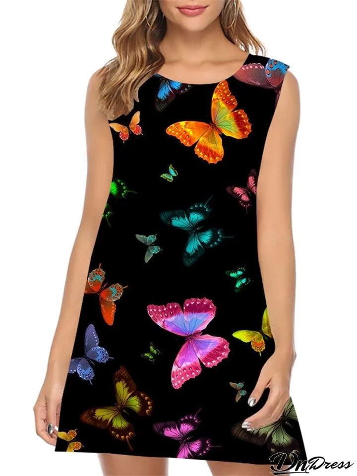 Sleeveless Round Neck Butterflies Printed Dresses