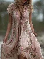 Vintage Boho Pink Roses Flowy Wide Skirted Midi Dress