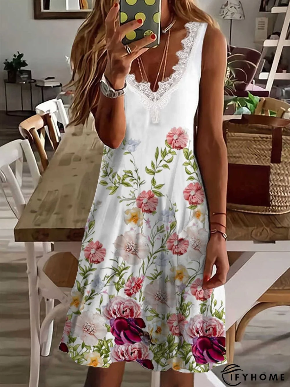 Vacation Romantic Floral Printed Casual Loosen V Neck Midi Sleeveless Knitting Dress | IFYHOME