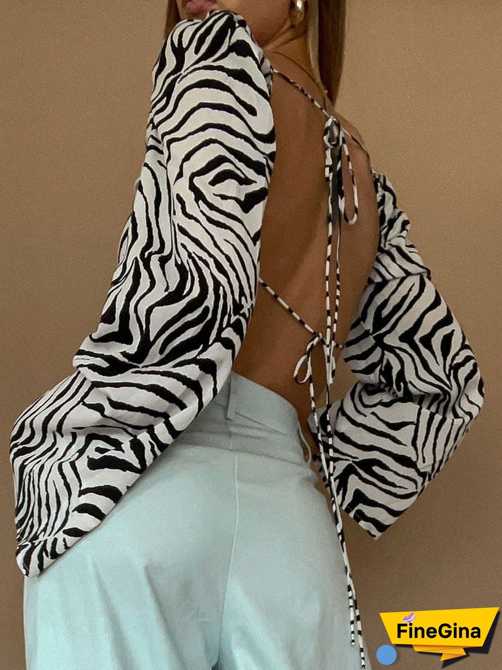 Zebra Print Elegant Sexy Backless Lace Up Blouses Women Fashion Autumn Club Party Long Sleeve Shirts Crop Tops