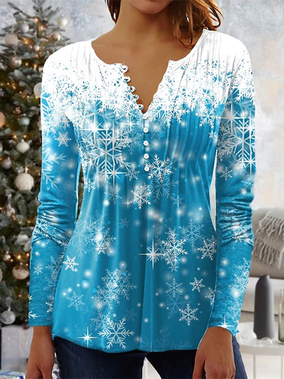 Women's Long Sleeve V-neck Graphic Buttons Christmas Top
