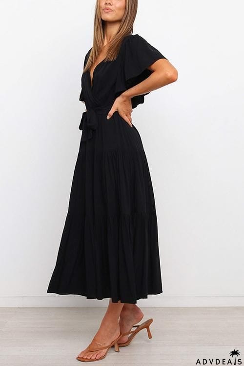 Solid Ruffles Belted Maxi Dress