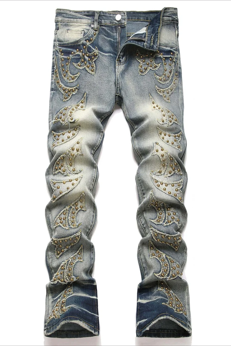 Retro Red Plaid Embroidered Studded Bootcut Denim Pants