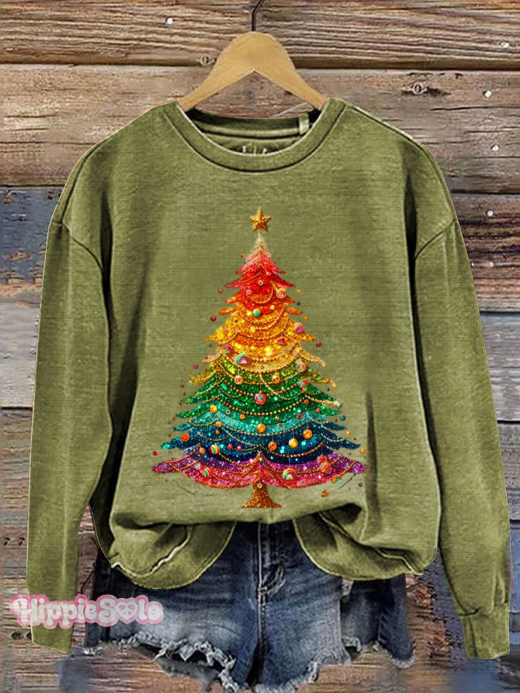 Retro Glitter Christmas Tree Print Casual Sweatshirt Green / S