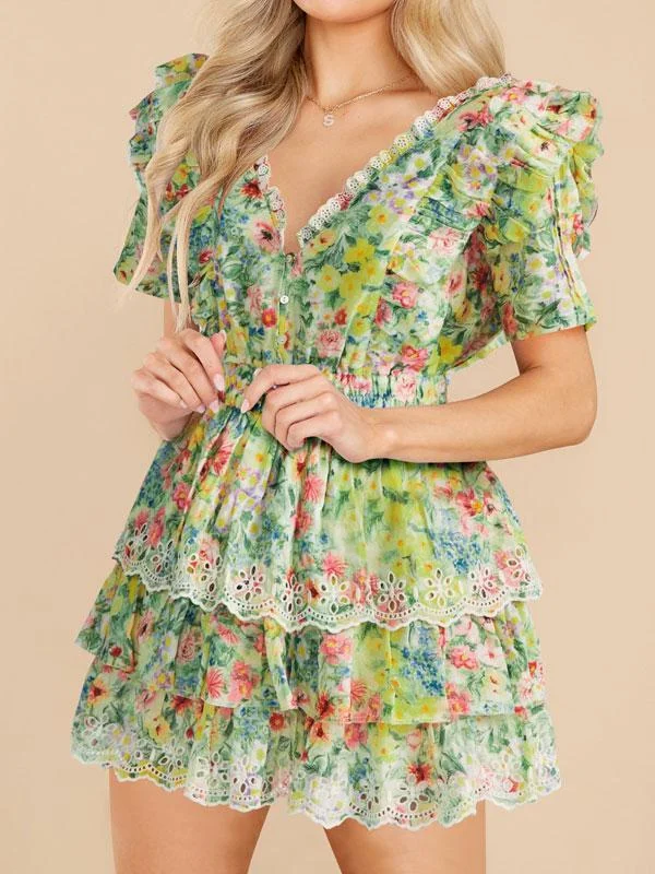 V neck frill floral dress