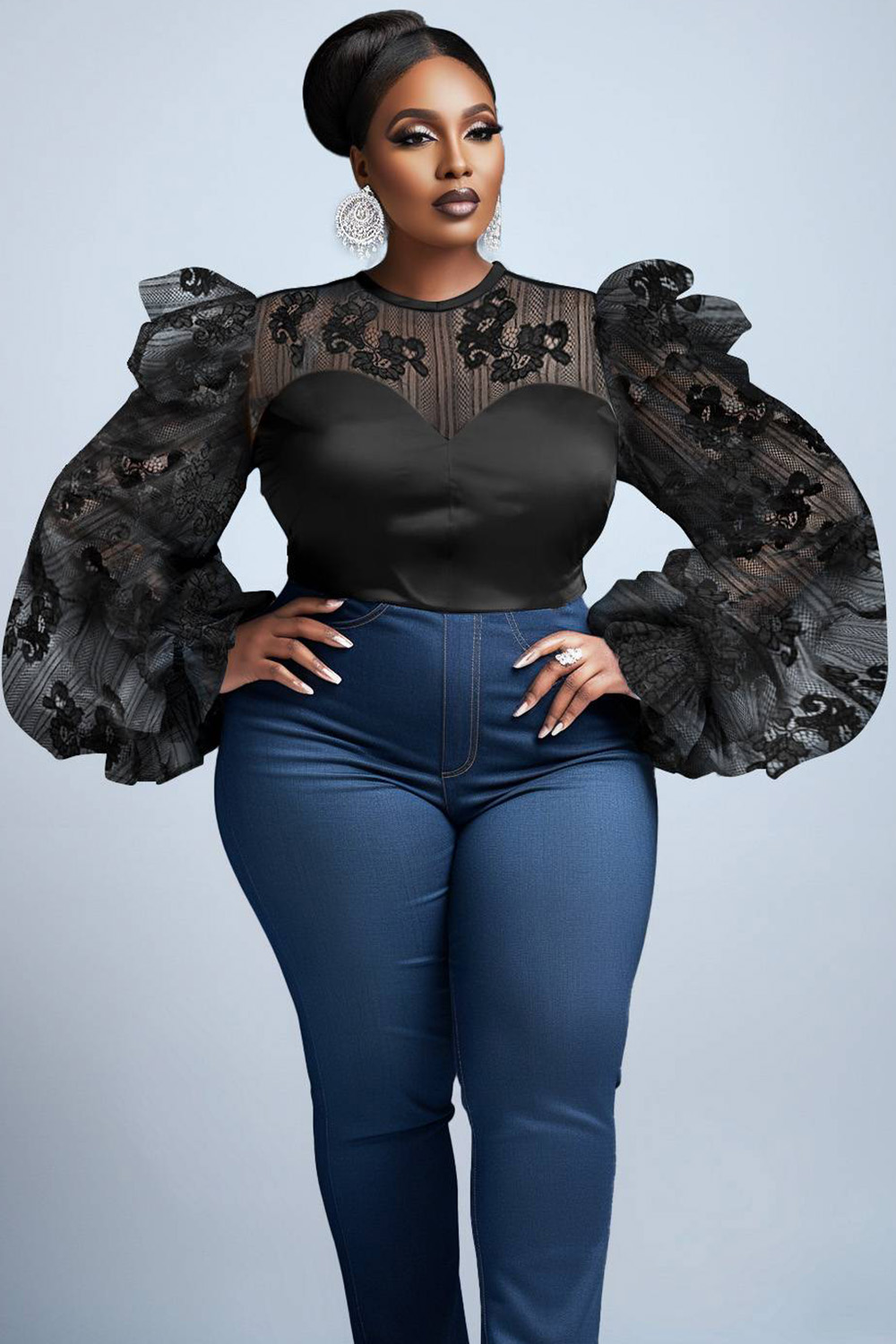 Design Plus Size Party Black Spring Summer Round Neck Puff Sleeve Long Sleeve See Through Mesh Blouses [Pre-Order]