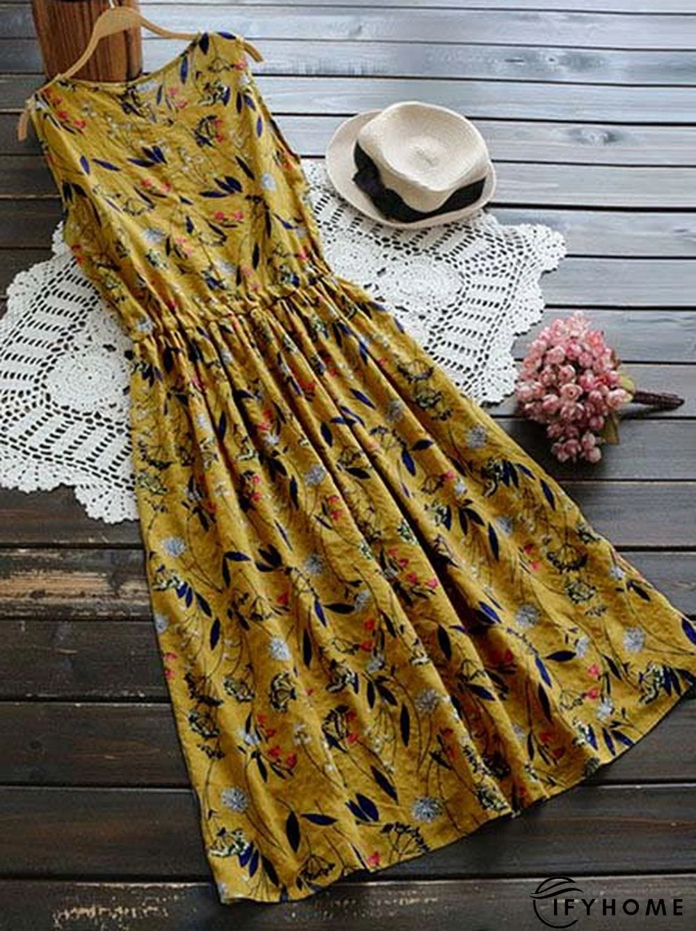 Women Summer Sleeveless Vintage Floral Midi Women Dress | IFYHOME