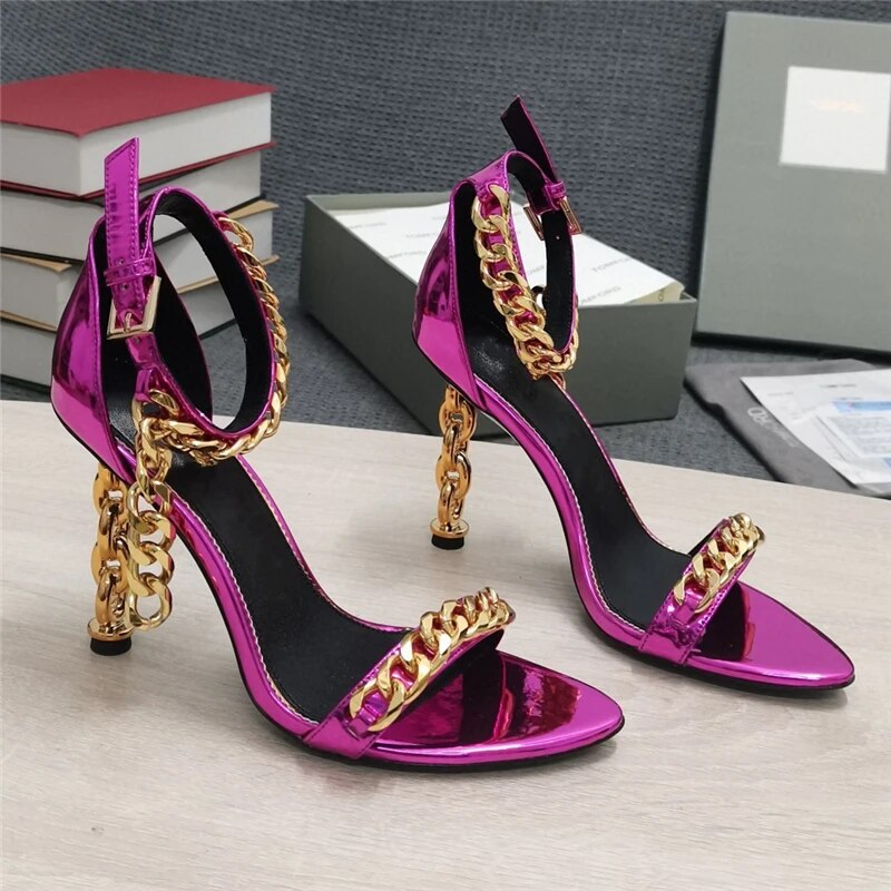 VCSHOES Metal Twist Strange Heel Sandals Women Chains Ankle Strap Genuine Leather Party Shoes For Girls