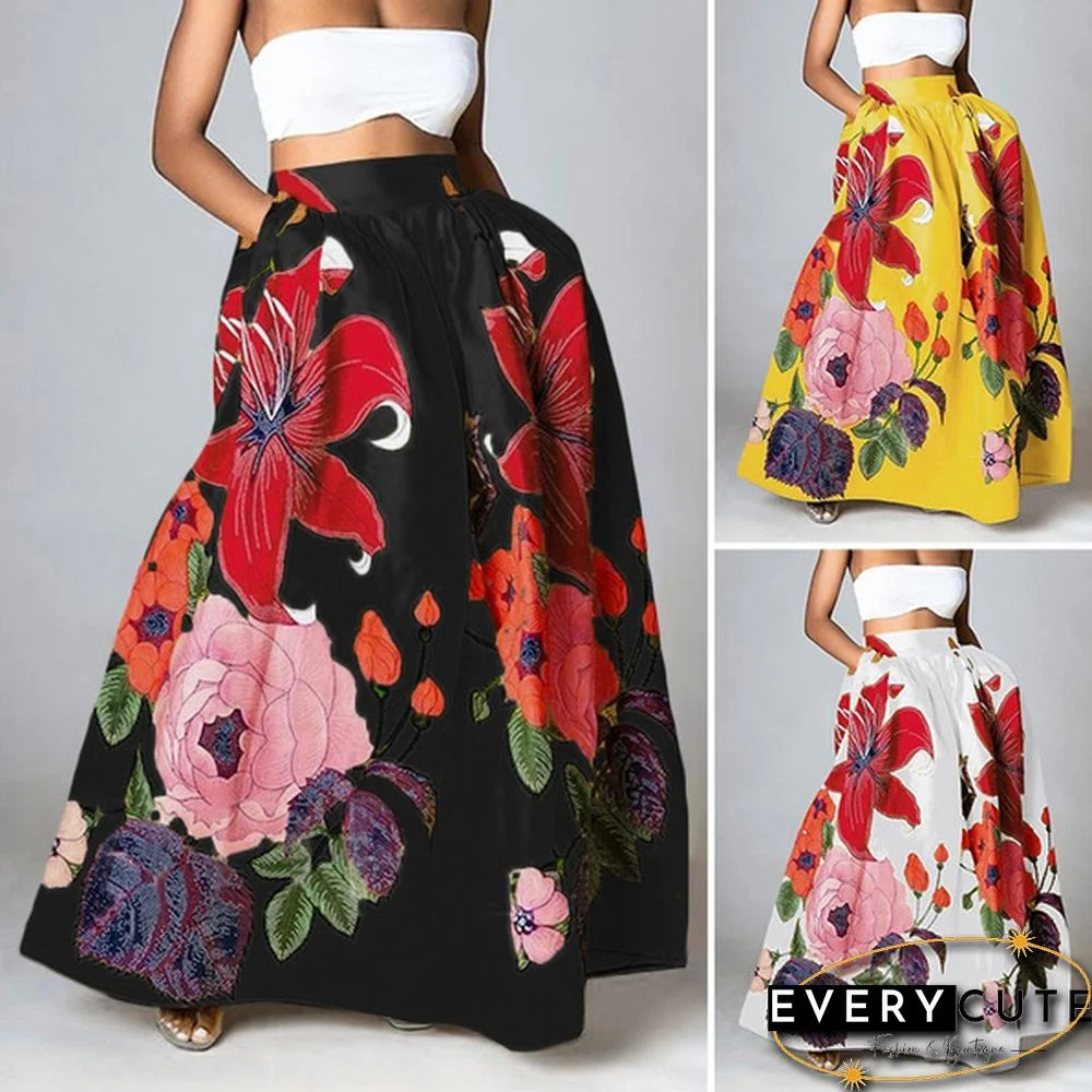 Elegant Elastic High Waist Pockets Umbrella Skirt Women Flower Print Party Maxi Skirts