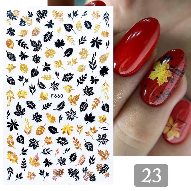 Iridescent Bronzing Fall Leaf 3D Nail Sticker Autumn Gold Black Sparkly Maple Leaves Decals Slider Nail Art Decoration Manicures