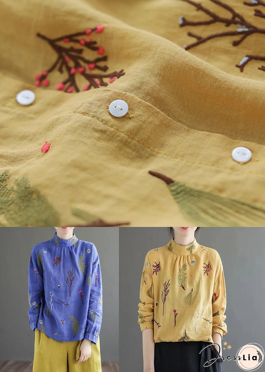 Women Yellow Wrinkled Embroideried Patchwork Linen Shirt Tops Spring