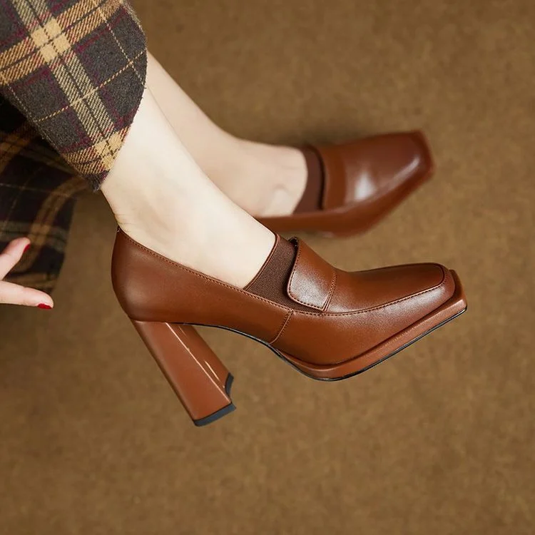 Yyvonne 2025 New Mid-Slip Women's OL Professional Fashion High-Heeled Shoes Square Heel Retro French Leather Shoes