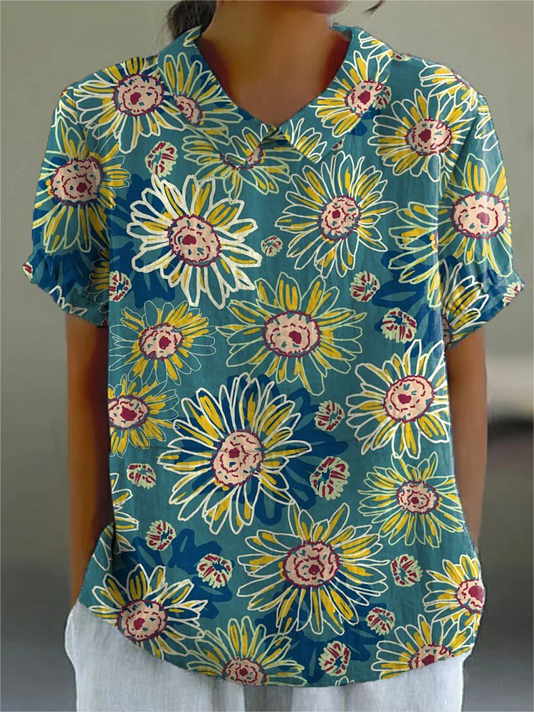 Women's Vintage Floral Art Print Casual Cotton And Linen Shirt