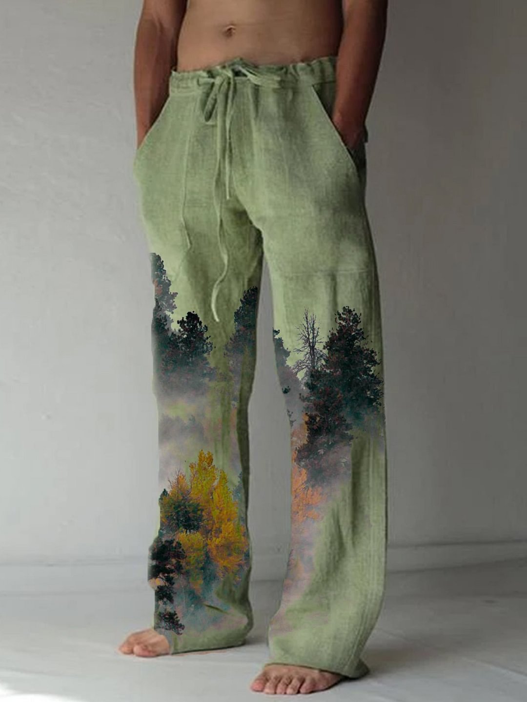 Four seasons forest print men's casual cotton and linen trousers