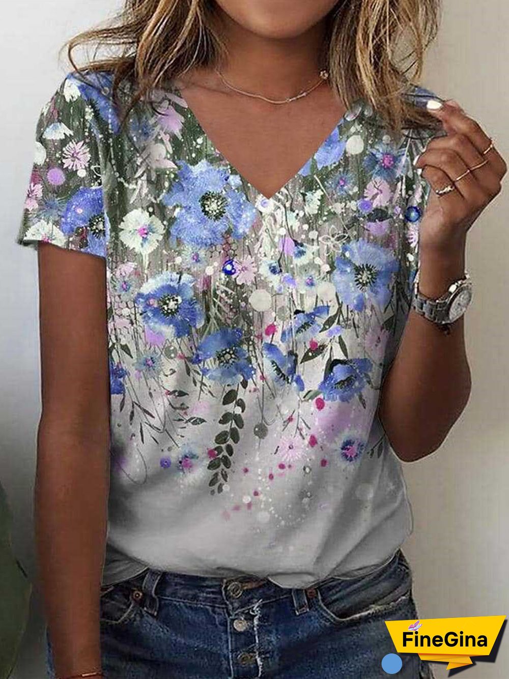 Women's Floral Printed Short Sleeve V-neck Top