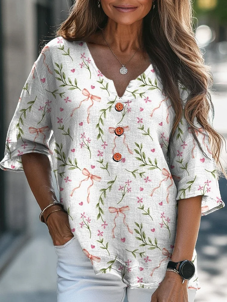 Sweet Ribbon And Floral Pattern Printed Women's Casual Linen V-Neck Shirt