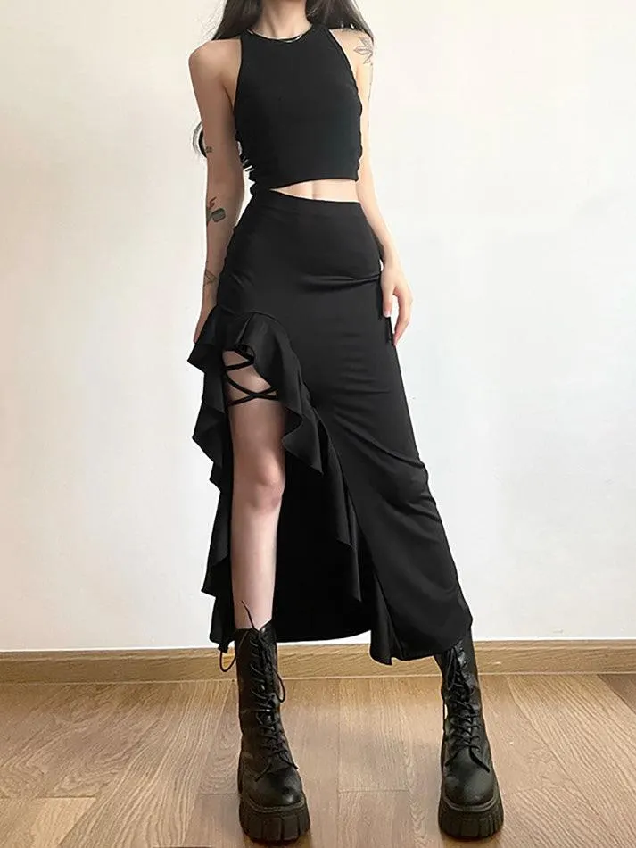 Brownm High Waist Irregular Split Goth Skirt