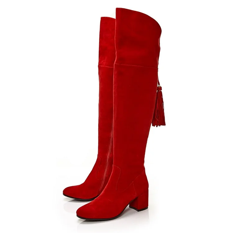 Fashion Red Fringes Suede Long Boots Chunky Heels Over-the-knee Boots |FSJ Shoes