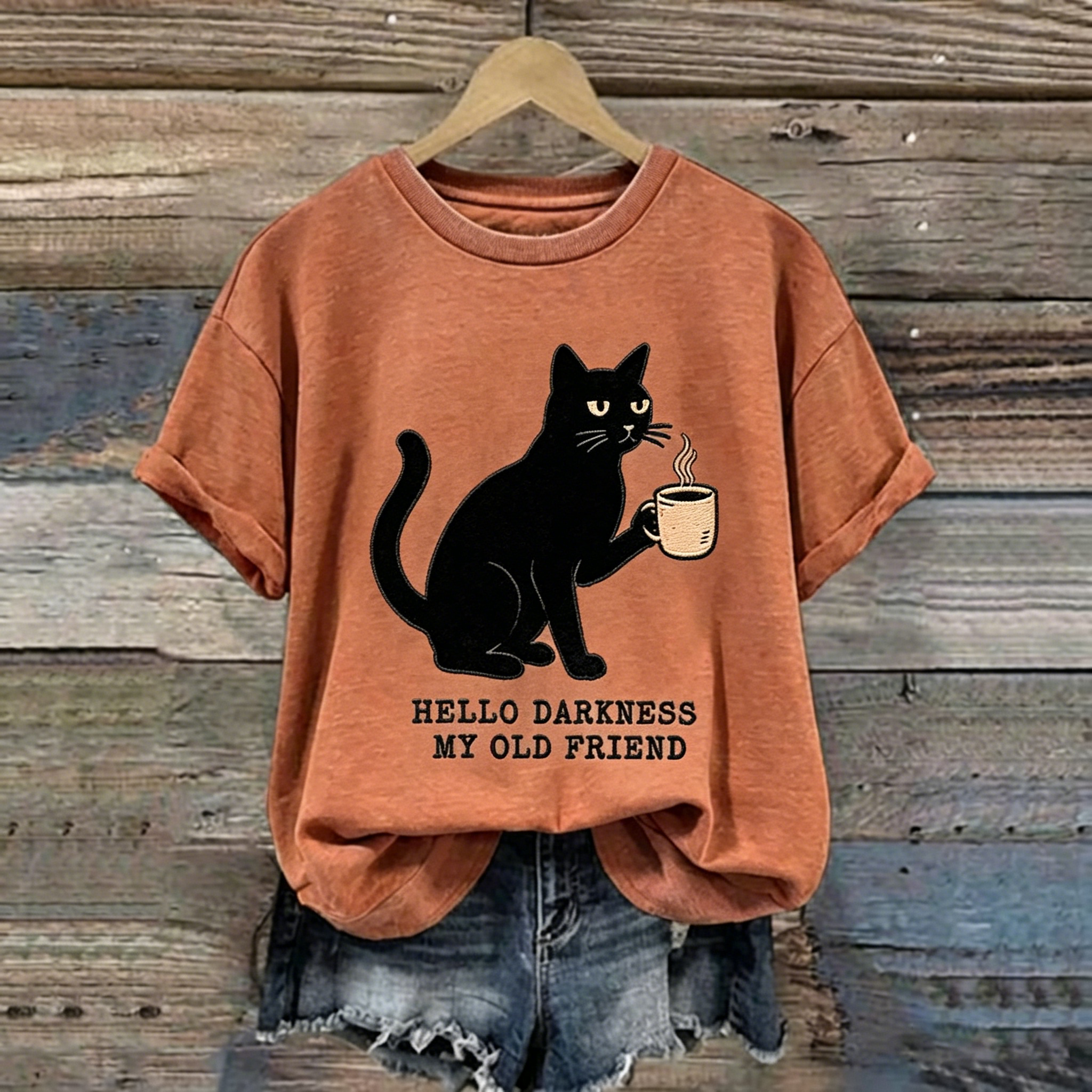 Comstylish Abstract Creative Hello Black Cat Graphic Casual T-shirt